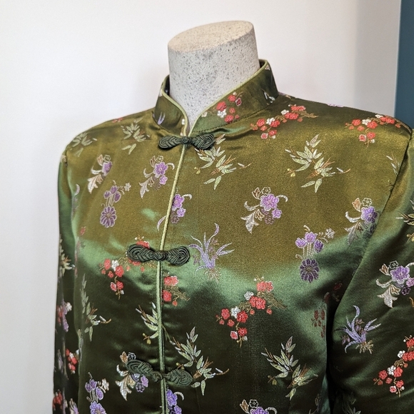 Vintage Green Satin Brocade Asian Jacket woman's  size XL - Picture 7 of 9